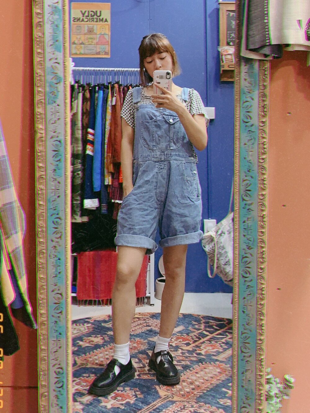 「checkered、overall」｜「VINTAGEのアイテム（サロペット/オーバーオール、ブルー系）」を使った、BLAIRさん（レディース・155cm）の春コーディネートの1枚目の写真