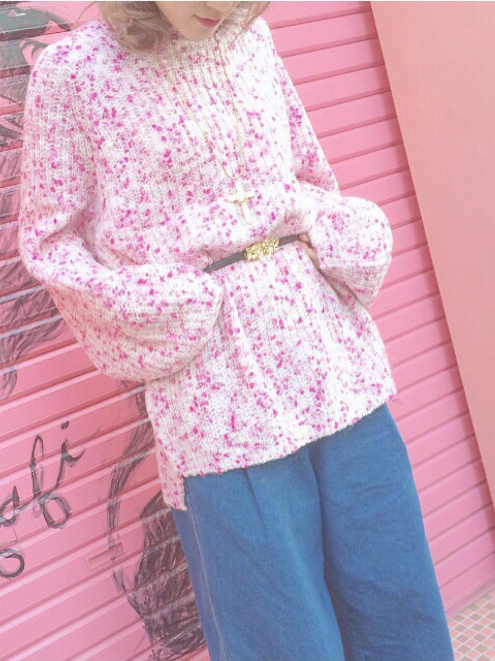 「Kastane、knit、pink、ootd、ファンシーネップニット、冬コーデ、ゆるゆる、だぼだぼ」｜「Kastaneのアイテム（ニット/セーター、ピンク系）」を使った、kumicoさん（レディース・163cm）の冬コーディネートの1枚目の写真
