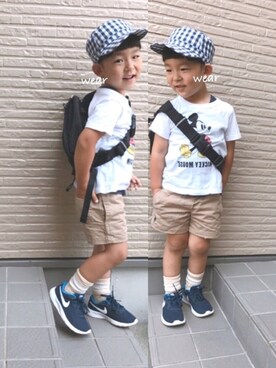 「BeBe（ベベ）のアイテム（キャップ）」を使った、♡PON♡さん（キッズ・110cm）の夏コーディネート