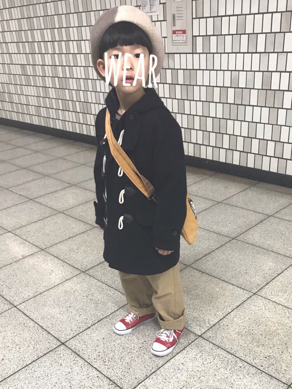 「ベレー帽、キッズコーデ、平成最後のWEARISTAセンバツ、男の子、ベイカーパンツ、ワイドパンツ、コンバース、コンバース オールスター、ベレー帽男子、LEE」｜「ママのベレー帽のアイテム（ハンチング/ベレー帽、ベージュ系）」を使った、♡PON♡さん（キッズ・120cm）の春コーディネートの1枚目の写真