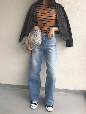 「黒コンバース」｜「アイテム（ライダースジャケット）」を使った、M.mさん（レディース・163cm）の秋コーディネート