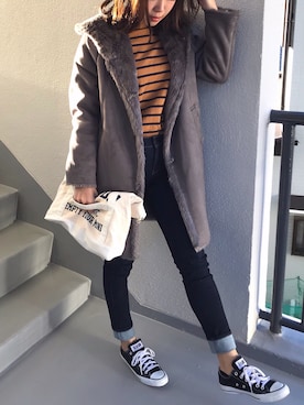 「黒コンバース」｜「アイテム（ムートンコート）」を使った、M.mさん（レディース・163cm）の秋コーディネート