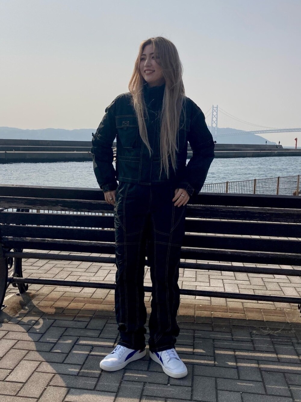 「x-girl、エックスガール、XLARGE、PUMA、セットアップ、ootd、低身長、おしゃれさんと繋がりたい」｜「X-girlのPATCHWORK PANTS（その他パンツ、ブラック系）」を使った、エリカさん（レディース・154cm）の冬コーディネートの1枚目の写真