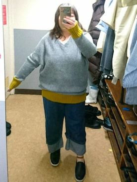 「大きいサイズ」｜「アイテム（スリッポン）」を使った、えなじーさん（レディース・156cm）の冬コーディネート
