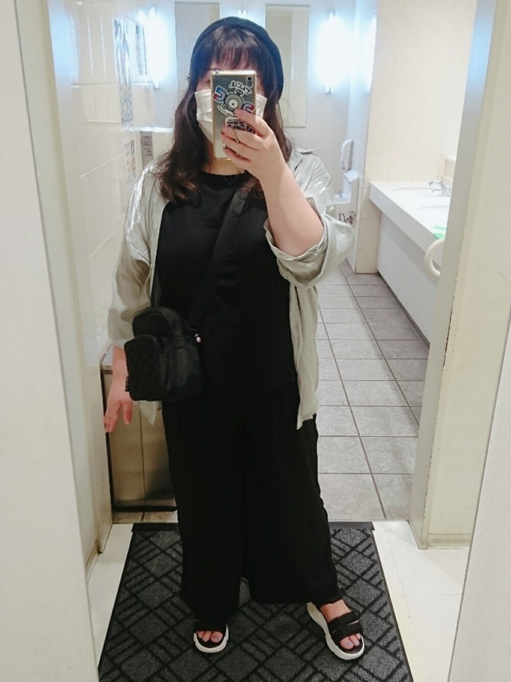 「でぶ、デブでもオシャレしたい、ぽっちゃり、大きいサイズ、シャツ好き集まれ、シアーシャツ、セットアップ、プチプラのあや×しまむら」｜「しまむらのアイテム（ハンチング/ベレー帽、ブラック系）」を使った、えなじーさん（レディース・156cm）の夏コーディネートの1枚目の写真