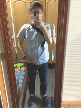 「Left ALONEのアイテム（キャップ、ブルー系）」を使った、ryu yamさん（メンズ・170cm）の夏コーディネート