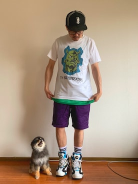 「HIDE AND SEEK（ハイドアンドシーク）のアイテム（帽子）」を使った、シオマリアッチさん（メンズ・173cm）の夏コーディネート