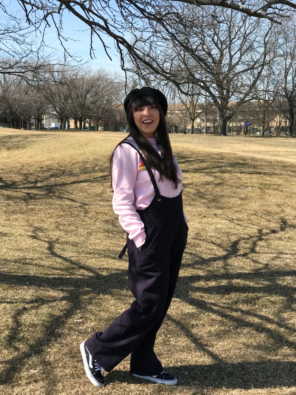 「ZARA、Soulberry、pink、beret」｜「GOORIN BROS.のアイテム（ハンチング/ベレー帽、ブラック系）」を使った、Kannetさん（レディース・155cm）の春コーディネートの1枚目の写真