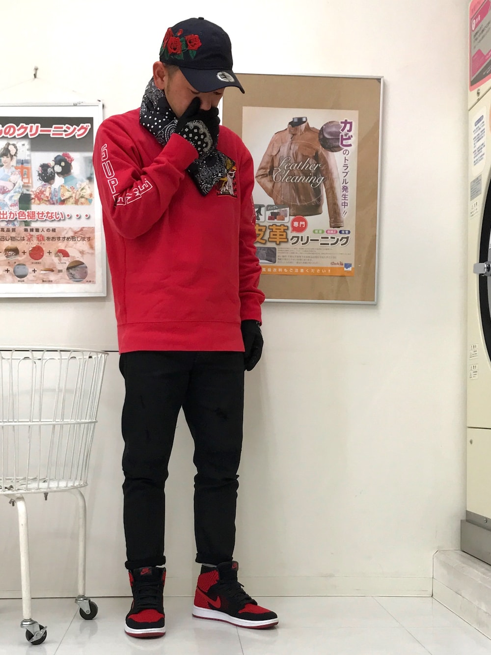 「花柄、Supreme x The North Face、ジョーダン、バンダナ柄、ダウンマフラー」｜「NEW ERAのNEW ERA/９THIRTY（キャップ、ブルー系）」を使った、u3さん（メンズ・167cm）の冬コーディネートの1枚目の写真
