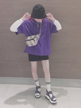 「WEGO（ウィゴー）のWEGO/ヘビースラブビッグTシャツ（Tシャツ/カットソー、パープル系）」を使った、nemu17さん（レディース・162cm）の春コーディネート