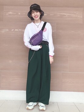 「WEGO（ウィゴー）のWEGO/チャイナプリントロンT（Tシャツ/カットソー、ホワイト系）」を使った、nemu17さん（レディース・162cm）の秋コーディネート