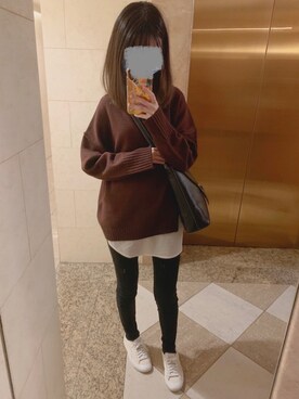 「LOWRYS FARM（ローリーズファーム）のスリット２Ｐプルオーバー　894814（Tシャツ/カットソー、レッド系）」を使った、エリ🍁さん（レディース・164cm）の冬コーディネート