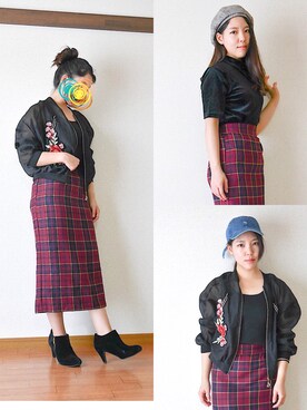 「赤チェック」｜「アイテム（キャップ）」を使った、SHUさん（レディース・153cm）の秋コーディネート