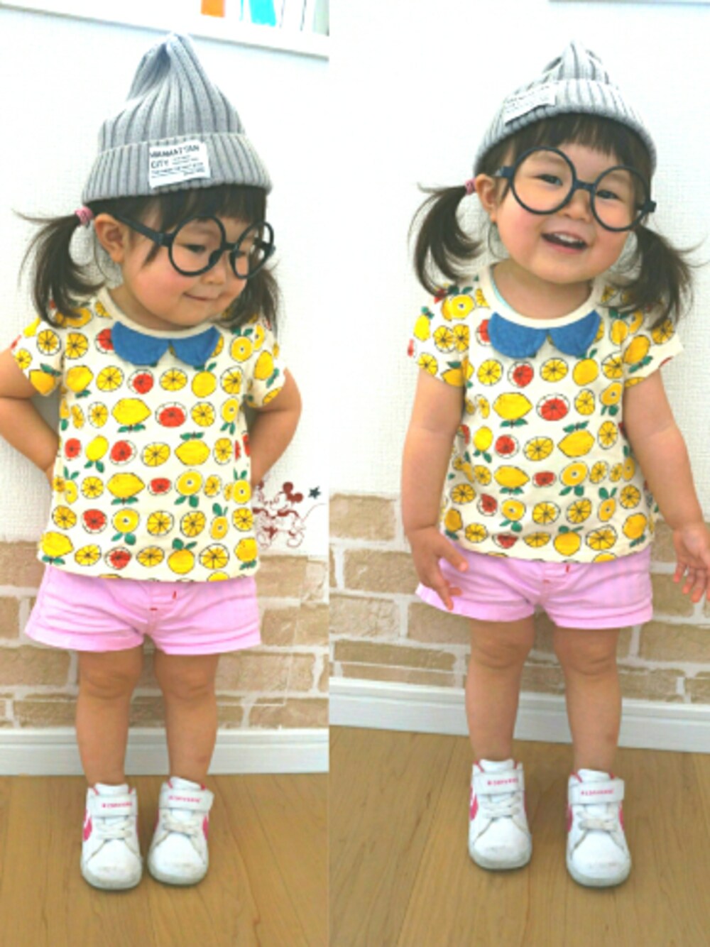 「キッズコーデ、kidsfashion、ニット帽、女の子コーデ、1歳、フルーツ柄、ショートパンツ、スニーカー」｜「Birthdayのアイテム（Tシャツ/カットソー、イエロー系）」を使った、とちゃむ(ﾟ-ﾟ)ﾞさん（キッズ・80cm）の春コーディネートの1枚目の写真