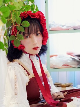 「Unicornのアイテム（ジャンパースカート、レッド系）」を使った、_鱼涩涩し_さん（レディース・160cm）の夏コーディネート