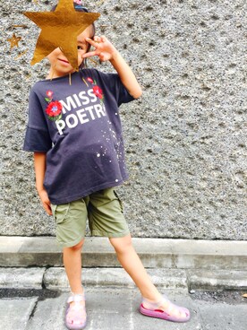 「ZARA KIDSのアイテム（Tシャツ/カットソー、グレー系）」を使った、hiyokonoTUKIさん（キッズ・110cm）の夏コーディネート