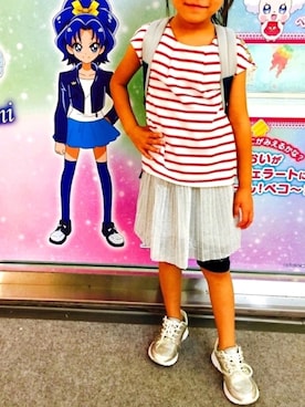 「ZARA KIDSのアイテム（スカート、シルバー系）」を使った、hiyokonoTUKIさん（キッズ・110cm）の夏コーディネート