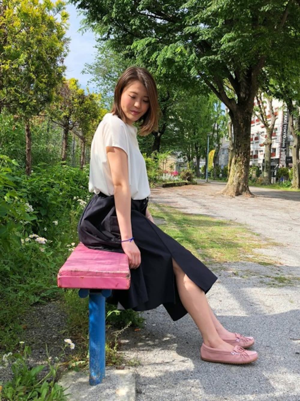 「ミネトンカ、モカシン、夏コーデ、ミネトンカモカシン、18ss」｜「Minnetonkaの【MINNETONKA】ミネトンカ　KILTY SUEDE MOC /キルティー スエード モカシン（モカシン/デッキシューズ、ピンク系）」を使った、MINNETONKAONLINESHOPさん（レディース・162cm）の夏コーディネートの1枚目の写真