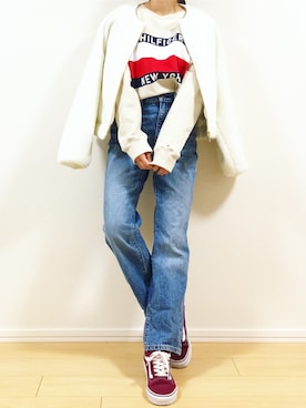 「TOMMY HILFIGER」｜「アイテム（ノーカラージャケット）」を使った、Saaさん（レディース・153cm）の冬コーディネート