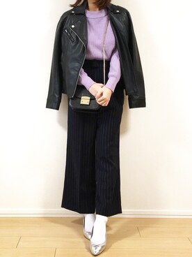 「ラベンダー」｜「アイテム（ライダースジャケット）」を使った、Saaさん（レディース・153cm）の冬コーディネート
