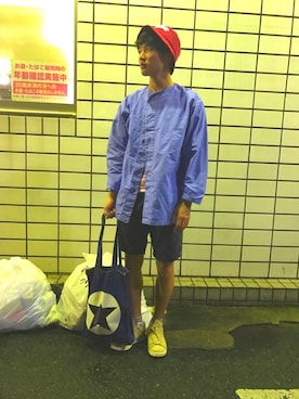 「パジャマ」｜「アイテム（ポンチョ）」を使った、小太郎さん（メンズ・171cm）の夏コーディネート