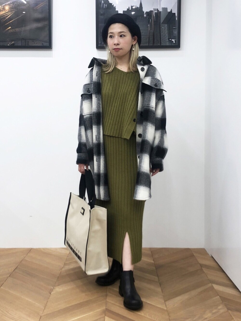 「ニットアップ、ニット、ニットワンピース、ニットセットアップ、リブニット、大人カジュアル、チェックシャツ、CPOシャツ、ootd、paulstuartadvance」｜「Paul Stuart advanceのLuke (ルーク）CPOシャツ（シャツ/ブラウス、その他）」を使った、paulstuartadvanceさん（レディース・150cm）の秋コーディネートの1枚目の写真