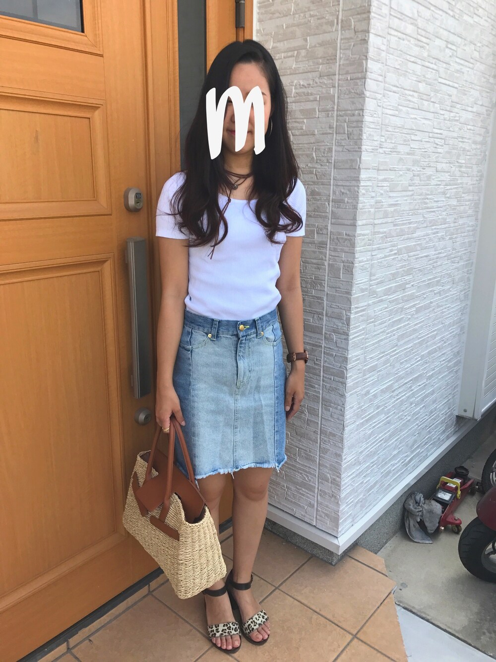 「summer、カジュアル、デニム、denim、BEAMS、UNIQLO」｜「UNIQLOのリブバレエネックT（半袖）（Tシャツ/カットソー、ホワイト系）」を使った、manaさん（レディース・160cm）の夏コーディネートの1枚目の写真