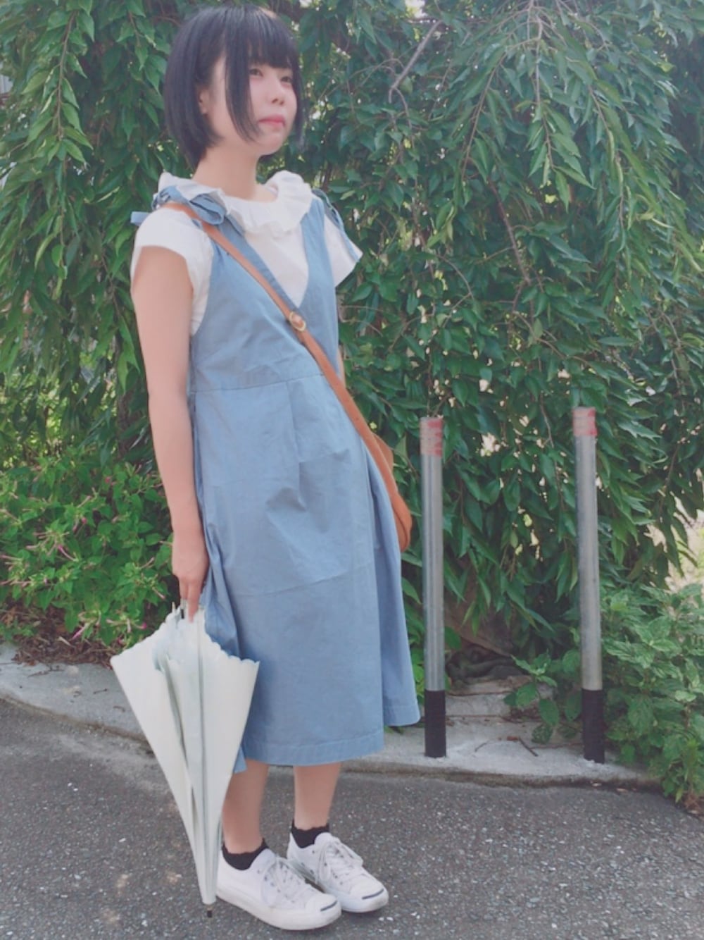 「夏コーデ、ワンピース、poudoudou、コンバース」｜「POU DOU DOUのボイルガーゼボックスタック衿ブラウス（シャツ/ブラウス、ホワイト系）」を使った、サクラさん（レディース・152cm）の夏コーディネートの1枚目の写真