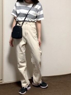 「kutir（クティール）の【低身長向けXSサイズあり】ハイウエストストレートデニムパンツ（デニムパンツ、ホワイト系）」を使った、をさん（レディース・160cm）の夏コーディネート