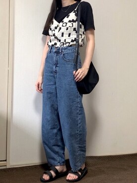 「GU（ジーユー）のハイウエストストレートジーンズ（パンツ、ブルー系）」を使った、をさん（レディース・160cm）の夏コーディネート
