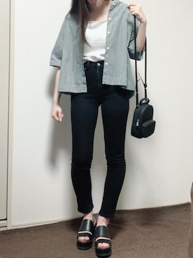 「無印良品（ムジルシリョウヒン）のアイテム（デニムパンツ、ブラック系）」を使った、をさん（レディース・160cm）の夏コーディネート