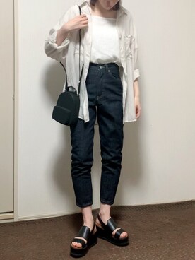 「FREAK'S STORE（フリークスストア）のストライプシアービッグシルエットシャツ（シアーブラウス/透けブラウス）（シャツ/ブラウス、ホワイト系）」を使った、をさん（レディース・160cm）の夏コーディネート