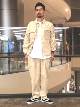 「Right-on（ライトオン）の【PLUS ONE】ヘビーウェイトビッグシルエット7分袖Tシャツ（Tシャツ/カットソー、ホワイト系）」を使った、kimoty0912さん（メンズ）の秋コーディネート