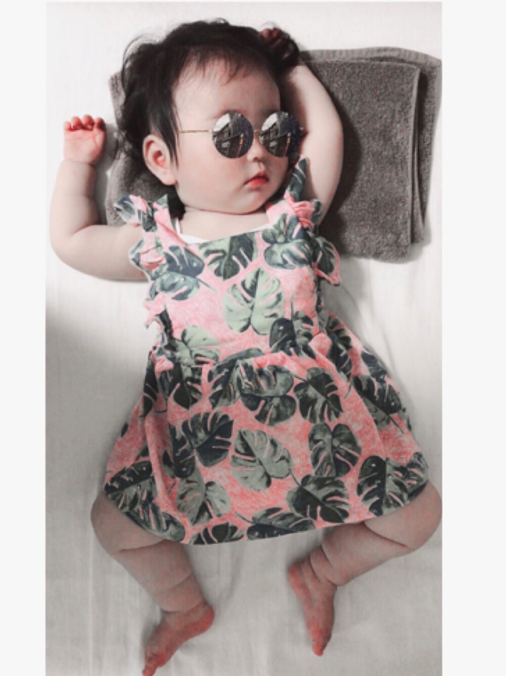 「夏、リラックススタイル、リゾートスタイル、赤ちゃん、11ヵ月、女の子、お昼寝中」｜「ZARA KIDSのアイテム（ロンパース、ピンク系）」を使った、___ai__さん（キッズ・70cm）の夏コーディネートの1枚目の写真