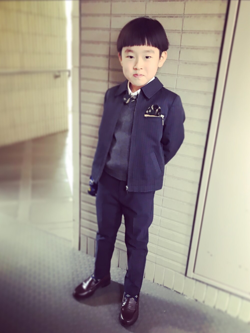「春、入学式、一年生、新一年生、男の子、ZARA KIDS」｜「BURBERRYのアイテム（ジャケット/アウター、ブルー系）」を使った、___ai__さん（キッズ・120cm）の春コーディネートの1枚目の写真