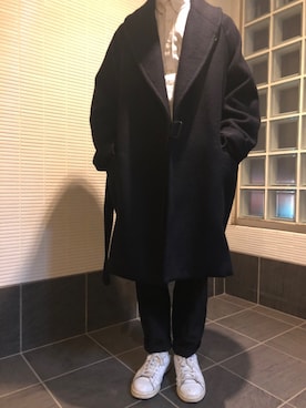 「COMOLI（コモリ）のアイテム（チェスターコート）」を使った、テケチャンさん（メンズ・163cm）の秋コーディネート