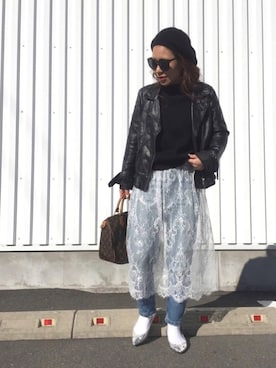 ライダースジャケットを使った レーススカート デニム のレディース人気ファッションコーディネート Wear