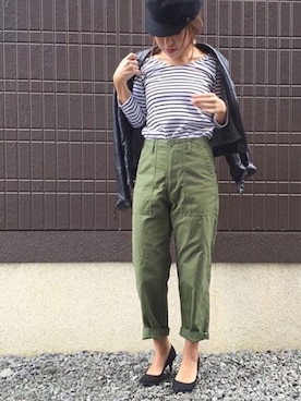 「マリンコーデ」｜「アイテム（ライダースジャケット）」を使った、LINAさん（レディース・159cm）の冬コーディネート