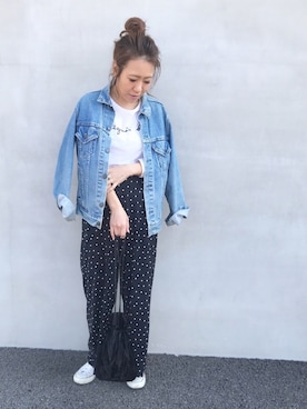 「ドットパンツ」｜「アイテム（デニムジャケット）」を使った、LINAさん（レディース・159cm）の春コーディネート