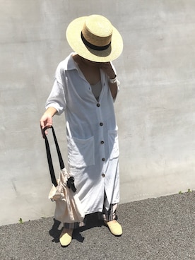 「ストライプパンツ」｜「アイテム（シャツワンピース）」を使った、LINAさん（レディース・159cm）の夏コーディネート