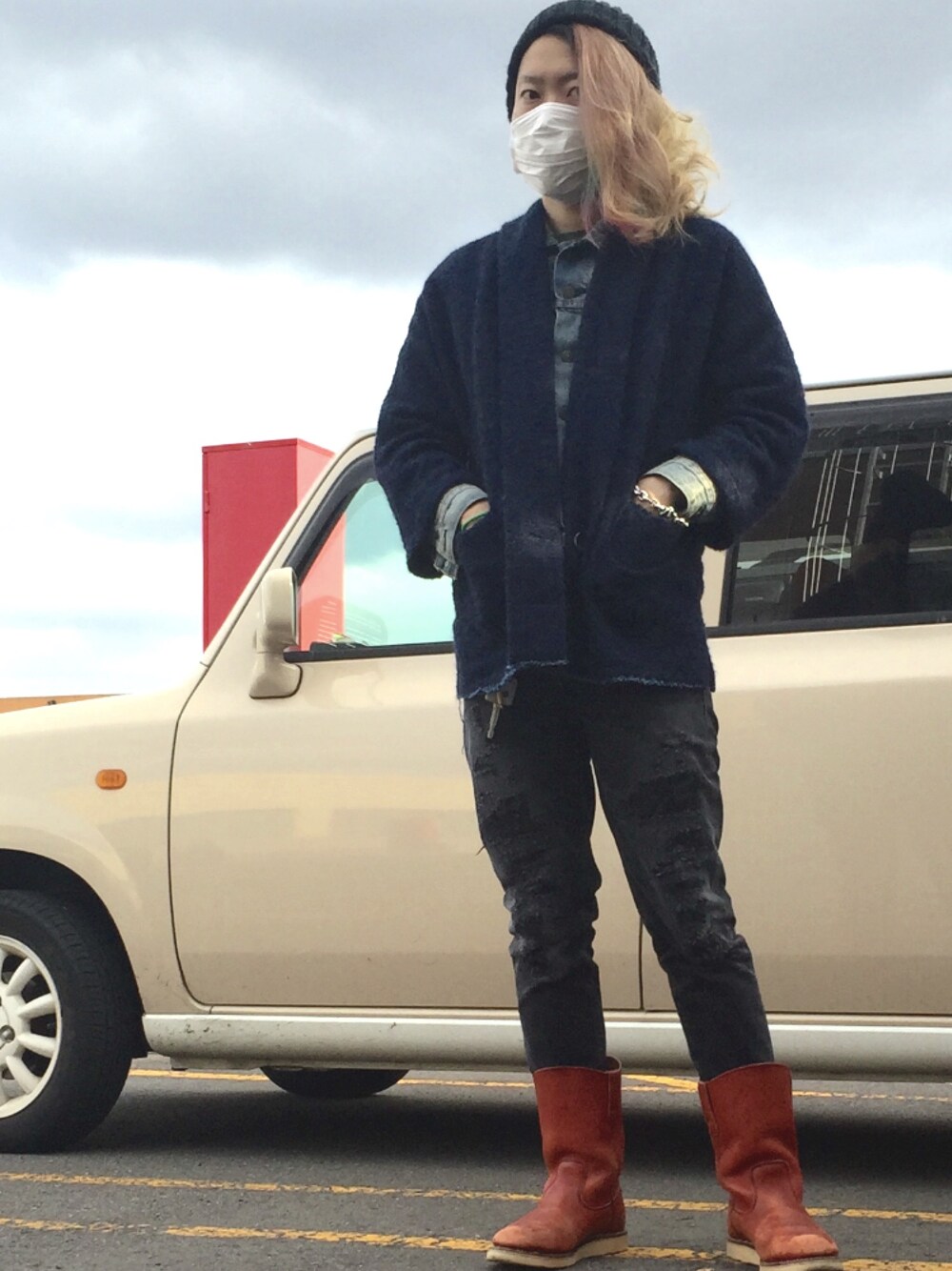 「ドラフトLS、Levi's、リーバイス、STOPLIGHT」｜「Levi’s MADE＆CRAFTEDのアイテム（カーディガン/ボレロ、ブルー系）」を使った、とびだせ！TKDさん（メンズ・168cm）の冬コーディネートの1枚目の写真