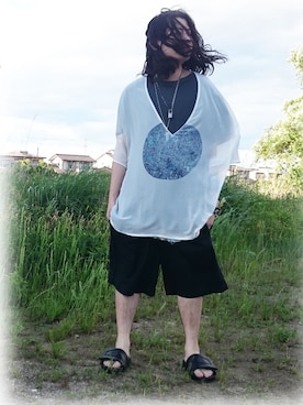 「hatra（ハトラ）のアイテム（Tシャツ/カットソー）」を使った、KNOCK and WOODさん（メンズ・165cm）の夏コーディネート