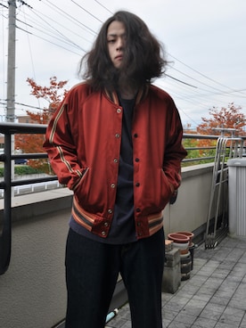 「東洋エンタープライズ（トーヨーエンタープライズ）のアイテム（スタジャン）」を使った、KNOCK and WOODさん（メンズ・165cm）の冬コーディネート