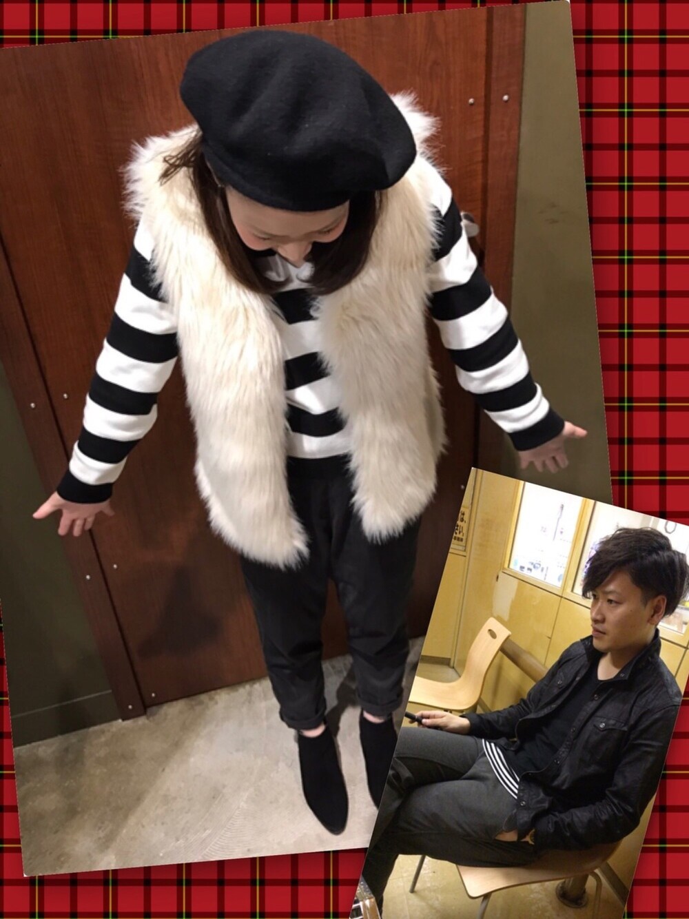 ホワイト系のベスト、ブラック系のトップス、ブラック系のシャツ/ブラウスを着用したレディースの冬コーディネートの1枚目の写真