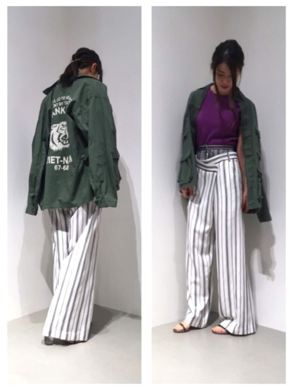 「GARAGE OF GOOD CLOTHING、ミリタリージャケット、ストライプパンツ、パープル、オトナカジュアル、モード、パンツスタイル、春コーデ、クリアサンダル」｜「Molliniのアイテム（サンダル、ブラック系）」を使った、renapinmaruさん（レディース・162cm）の春コーディネートの1枚目の写真