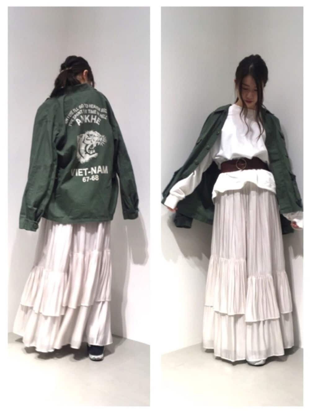 「GARAGE OF GOOD CLOTHING、ミリタリージャケット、白スウェット、ホワイトコーデ、ティアードスカート、ミリタリー、大人カジュアル、春コーデ、きれいめカジュアル、コンバース」｜「CONVERSEのアイテム（スニーカー、ブラック系）」を使った、renapinmaruさん（レディース・162cm）の春コーディネートの1枚目の写真