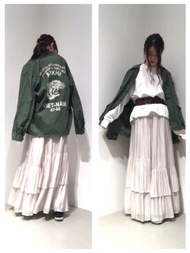 「ティアードスカート」｜「アイテム（ミリタリージャケット）」を使った、renapinmaruさん（レディース・162cm）の春コーディネート