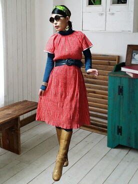 バンダナ スカーフを使った 赤ワンピース の人気ファッションコーディネート Wear