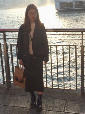 「MONKI（モンキ）のアイテム（ライダースジャケット）」を使った、___LuLuさん（レディース・158cm）の冬コーディネート