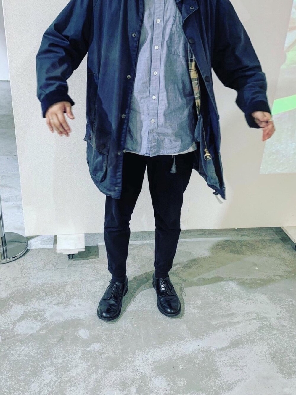 「vintage、used、バブアー、MUJI、古着、無印良品、古着MIX、barbour、shirts、黒スキニー」｜「VINTAGEのアイテム（その他アウター、ブルー系）」を使った、おっくんさん（メンズ・165cm）の秋コーディネートの1枚目の写真
